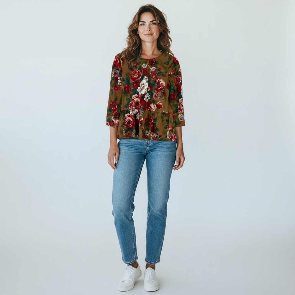 Brooks Brothers Red Fleece Floral Sateen Peplum Blouse with 3/4 Sleeves Size 4